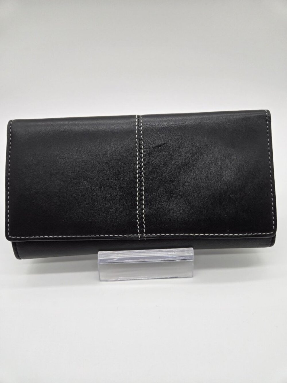 Black Leather Thick Stitch Continental Wallet Flap Organizer Clutch